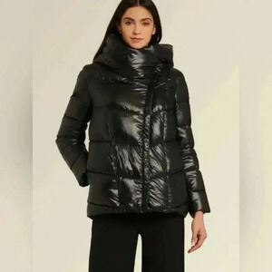 Donna Karan Black Down Puffer with Large  Collar/Hood Neckline M/L